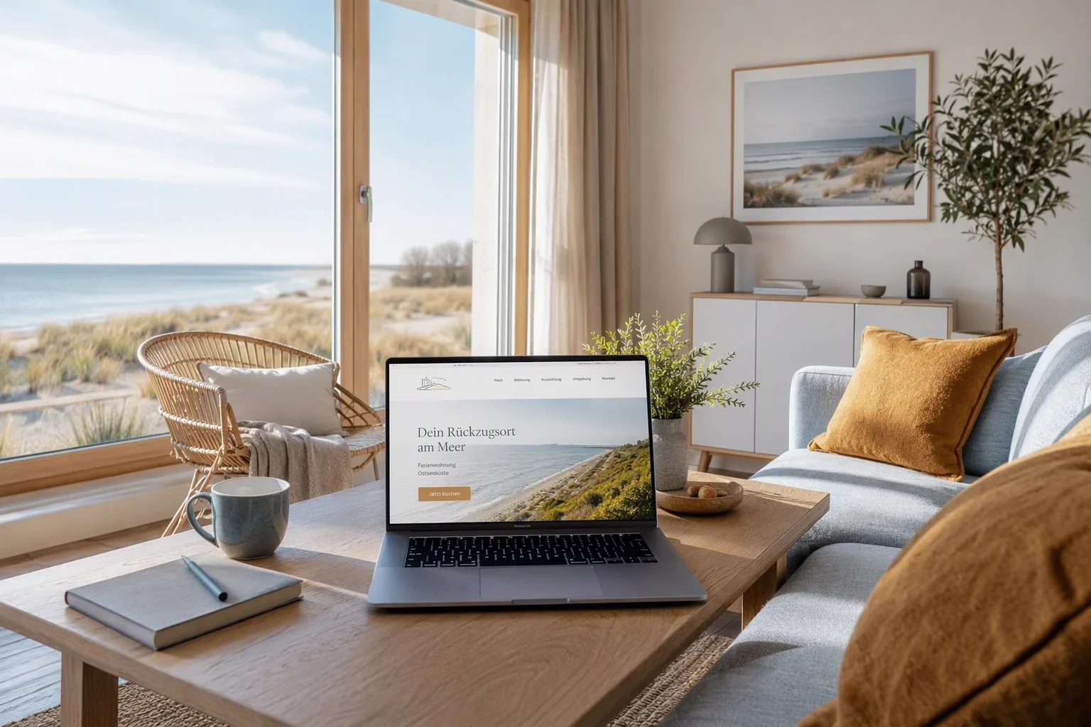 Laptop mit Ferienwohnung-Homepage in hellem Ferienwohnungs-Wohnzimmer mit Meerblick