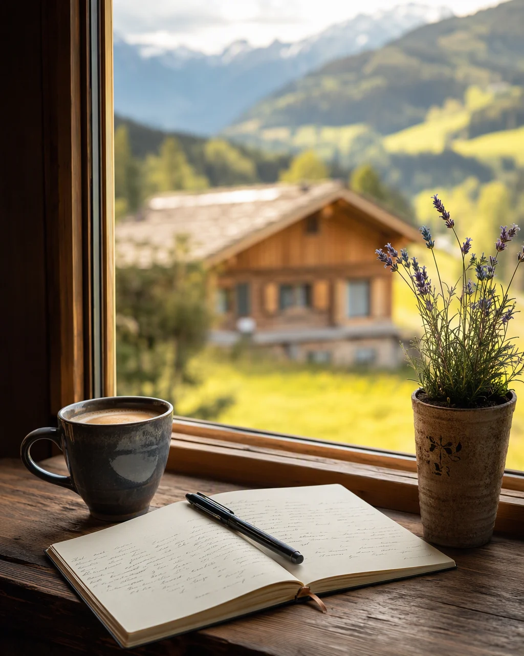 Fensterbank mit Kaffee und Notizbuch, Blick auf ein Ferien Chalet in den Bergen