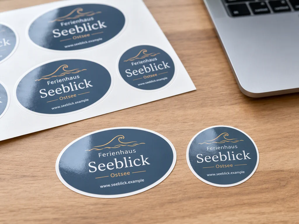 Mock-up: ovale und runde Aufkleber mit Logo der Ferienwohnung