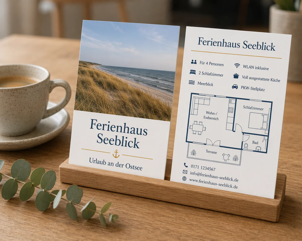 Mock-up: Flyer DIN A6 2-seitig für eine Ferienwohnung, Vorder- und Rückseite