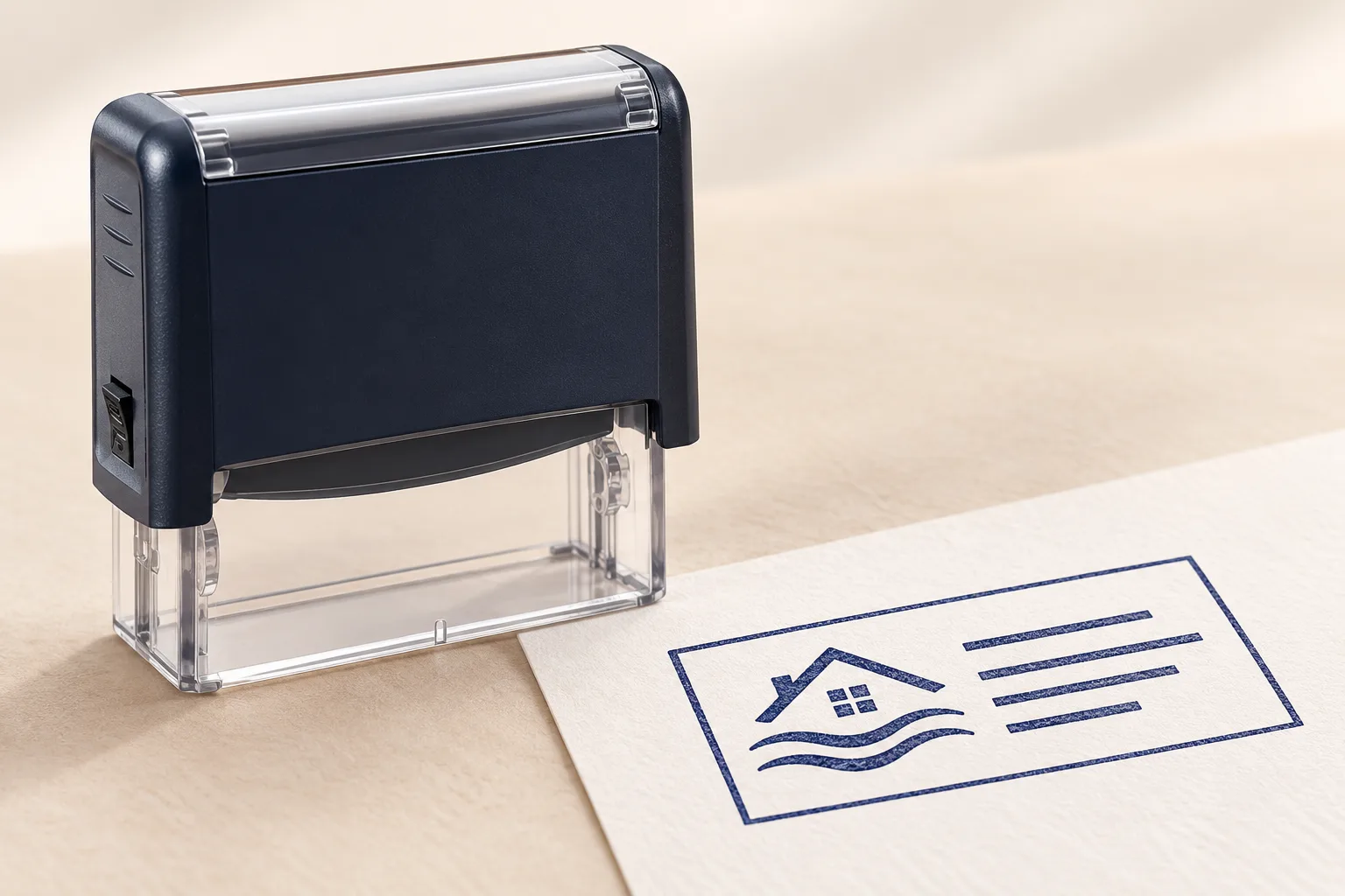 Mock-up: Selbstfärbender Stempel mit Musteraufdruck des Fewo-Logos auf weißem Papier